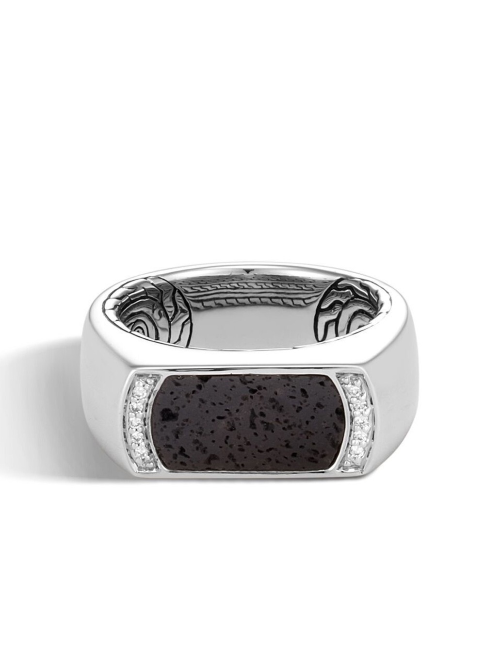 John Hardy Classic Chain Band Signet Ring with Black Volcanic and Diamonds Sz 10